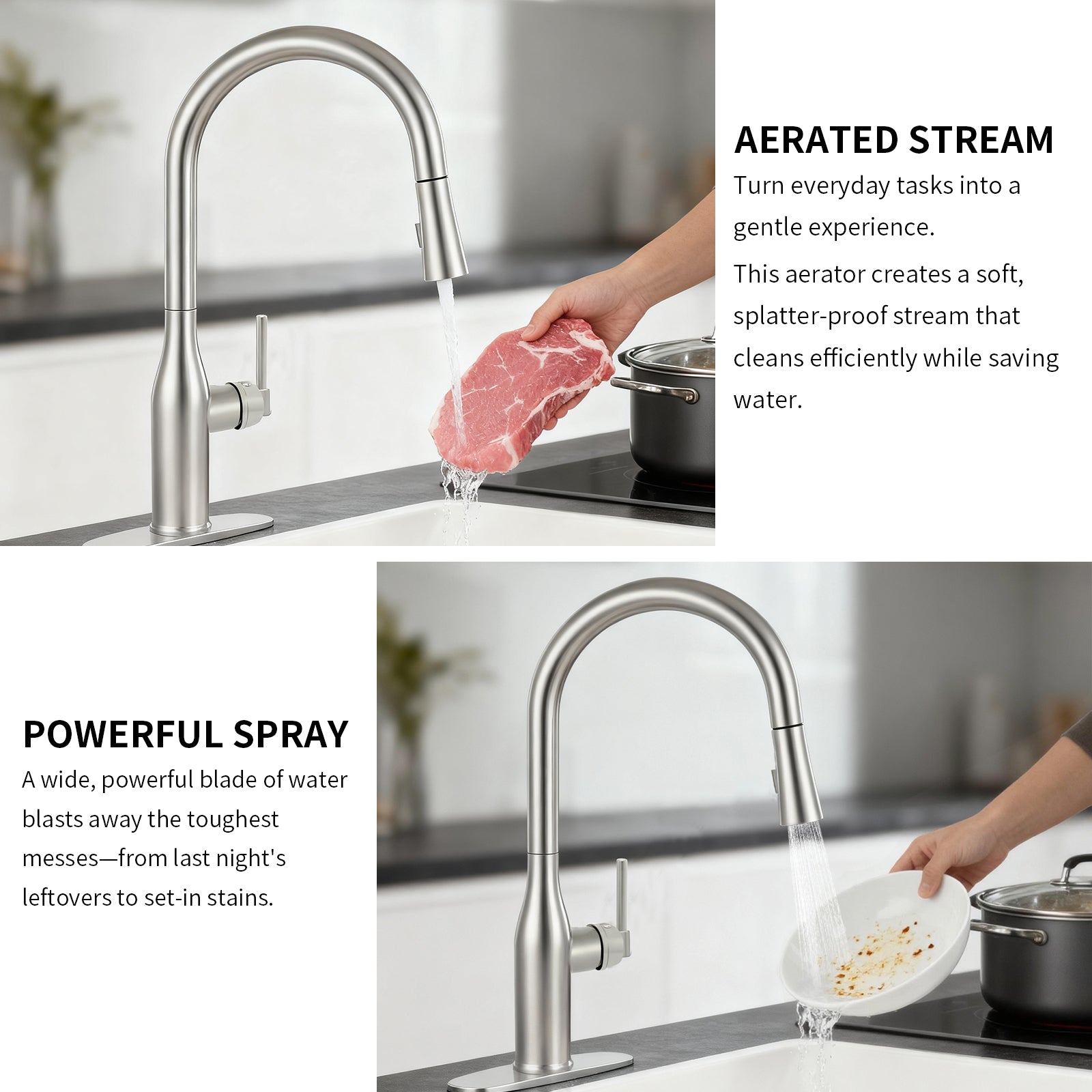 Pull Down Kitchen Faucet with 2-Function Sprayer, Spot Free Stainless Steel High Arc Single Handle 360° Swivel, 1-3 Holes Commercial Sink Faucet with Deck Plate (Brushed Nickel)